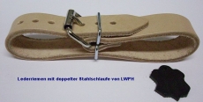 Lederriemen 1,4 cm x 18,0 cm mit doppelter Metallschlaufe in 6 Farben für Nostalgie-Kinderwagen Schnallenriemen u.v.m.